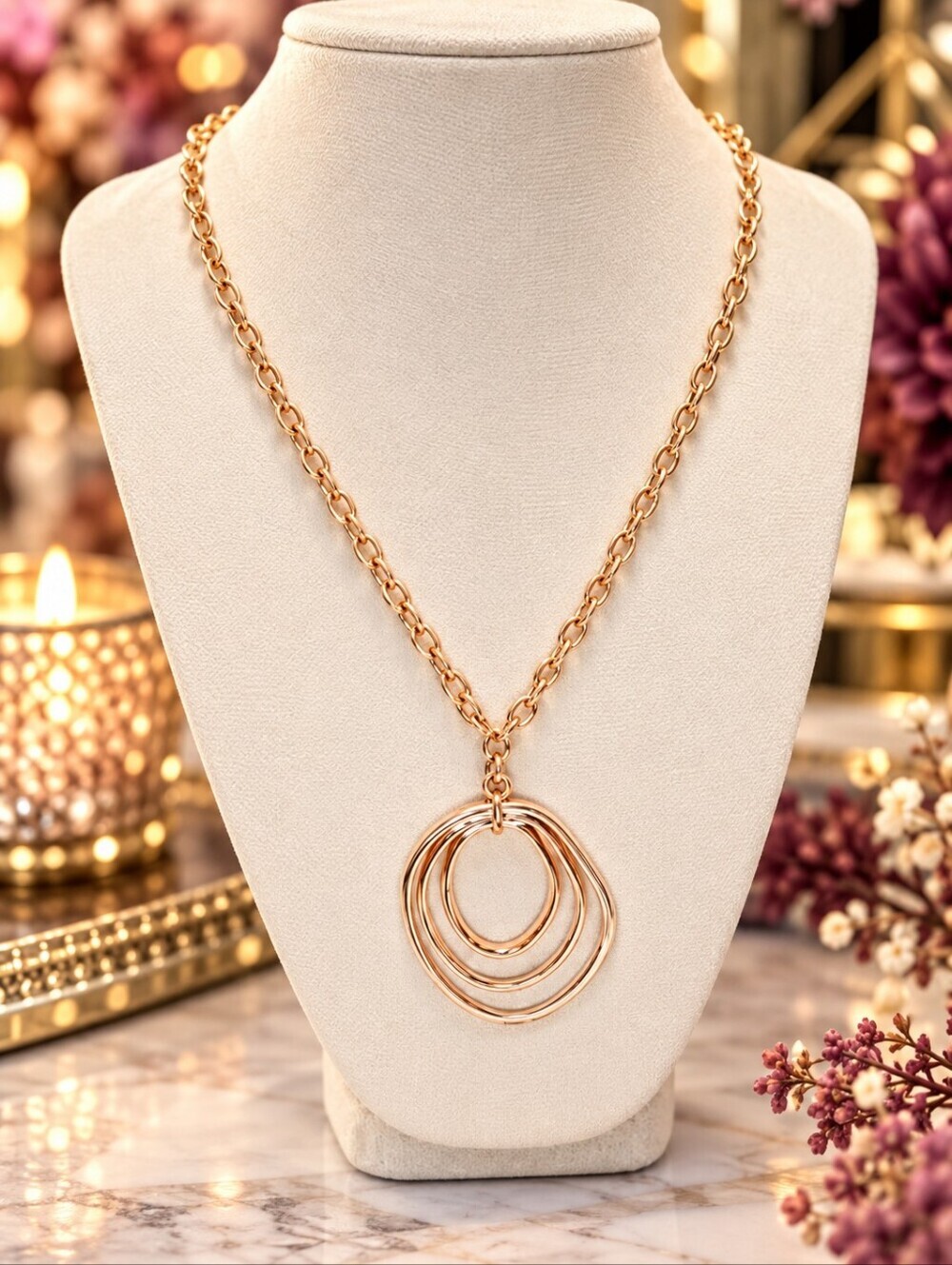 Gold Tone Long Statement Necklace Layered Oval Pendant Boho Modern 35"